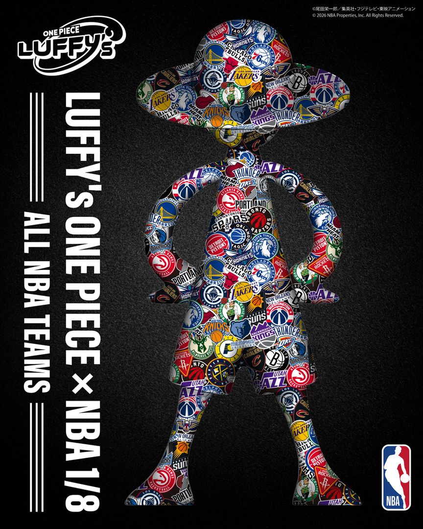 The larger LUFFY's figure covered in logos from all 30 NBA teams.
